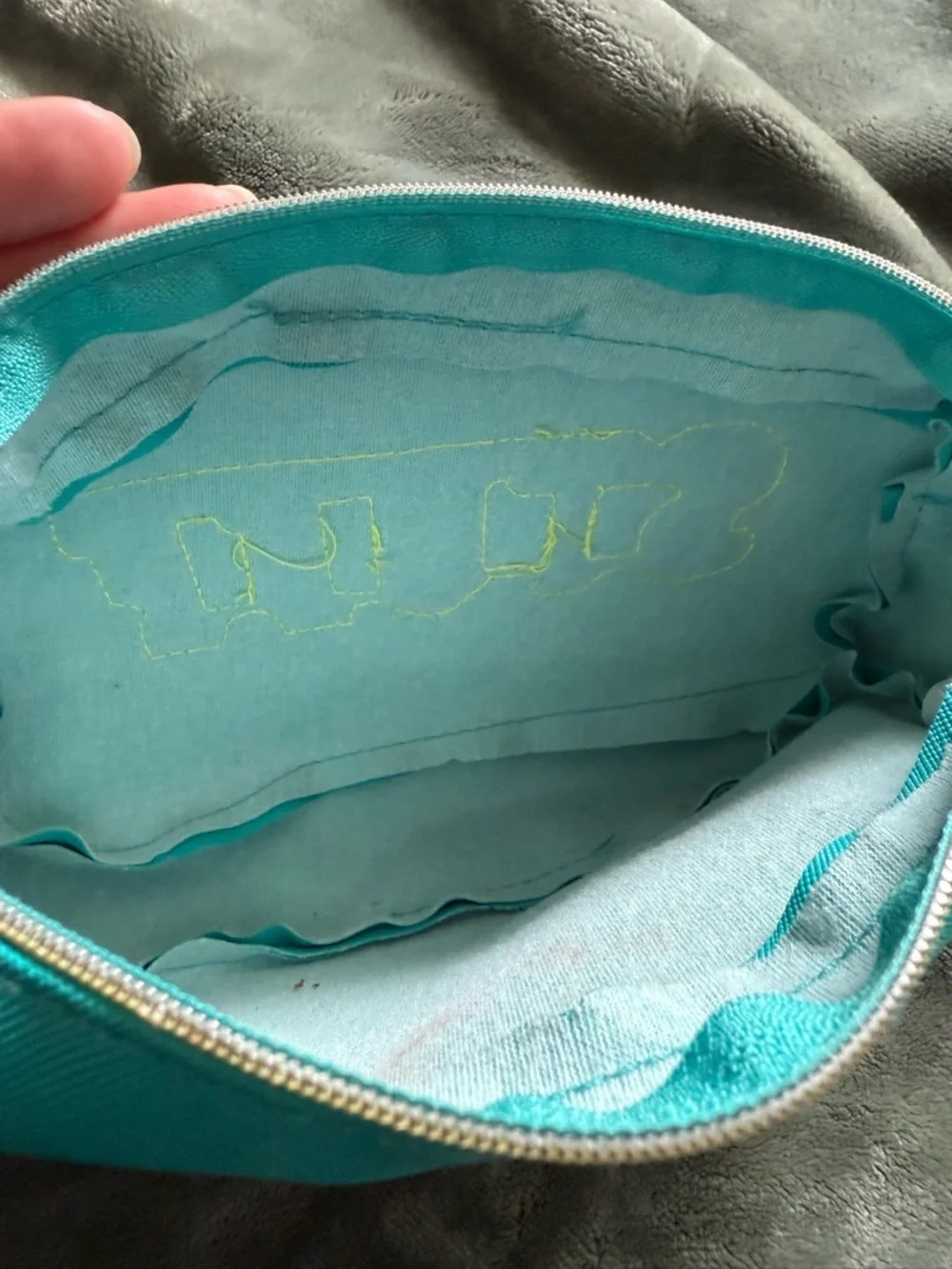 Turquoise 'STUFF' Cosmetic Pouch with Pink Chenille Patch